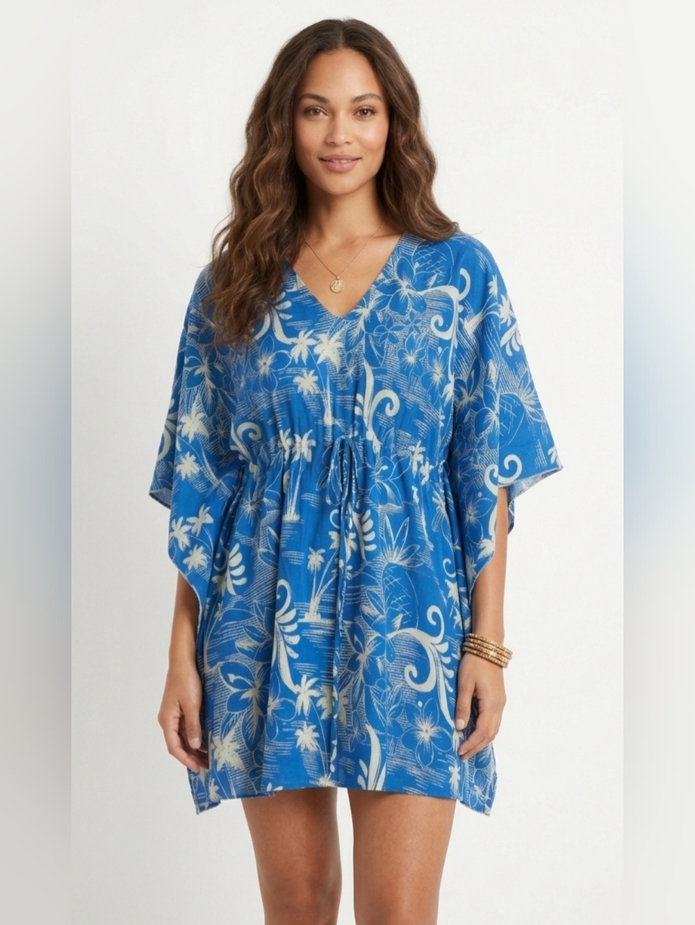 Favant Hawaii Blue Palm Tree V-Neck Swim Coverup Tunic One Size